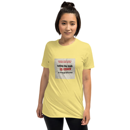 Unisex yellow crew-neck T-shirt with rectangular chest graphic text