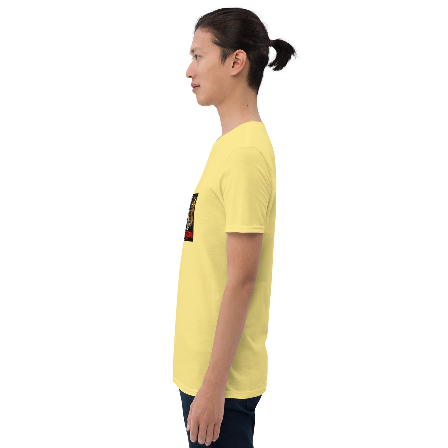 Yellow unisex short-sleeve T-shirt with colorful rectangular graphic print on side