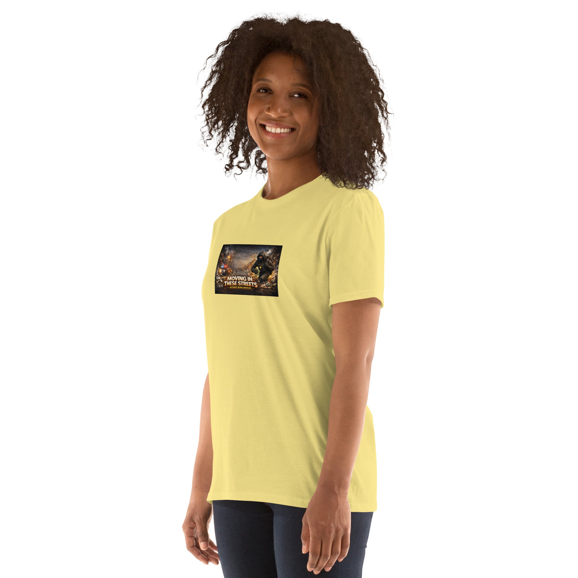 Premium T-shirt in yellow-lime, front view with square chest graphic