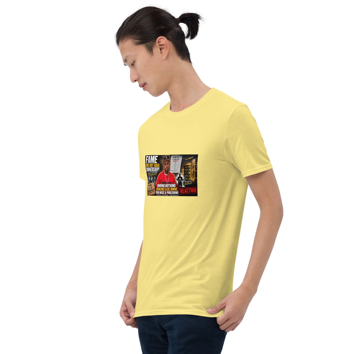 Yellow unisex short-sleeve T-shirt with colorful rectangular chest graphic and crew neck