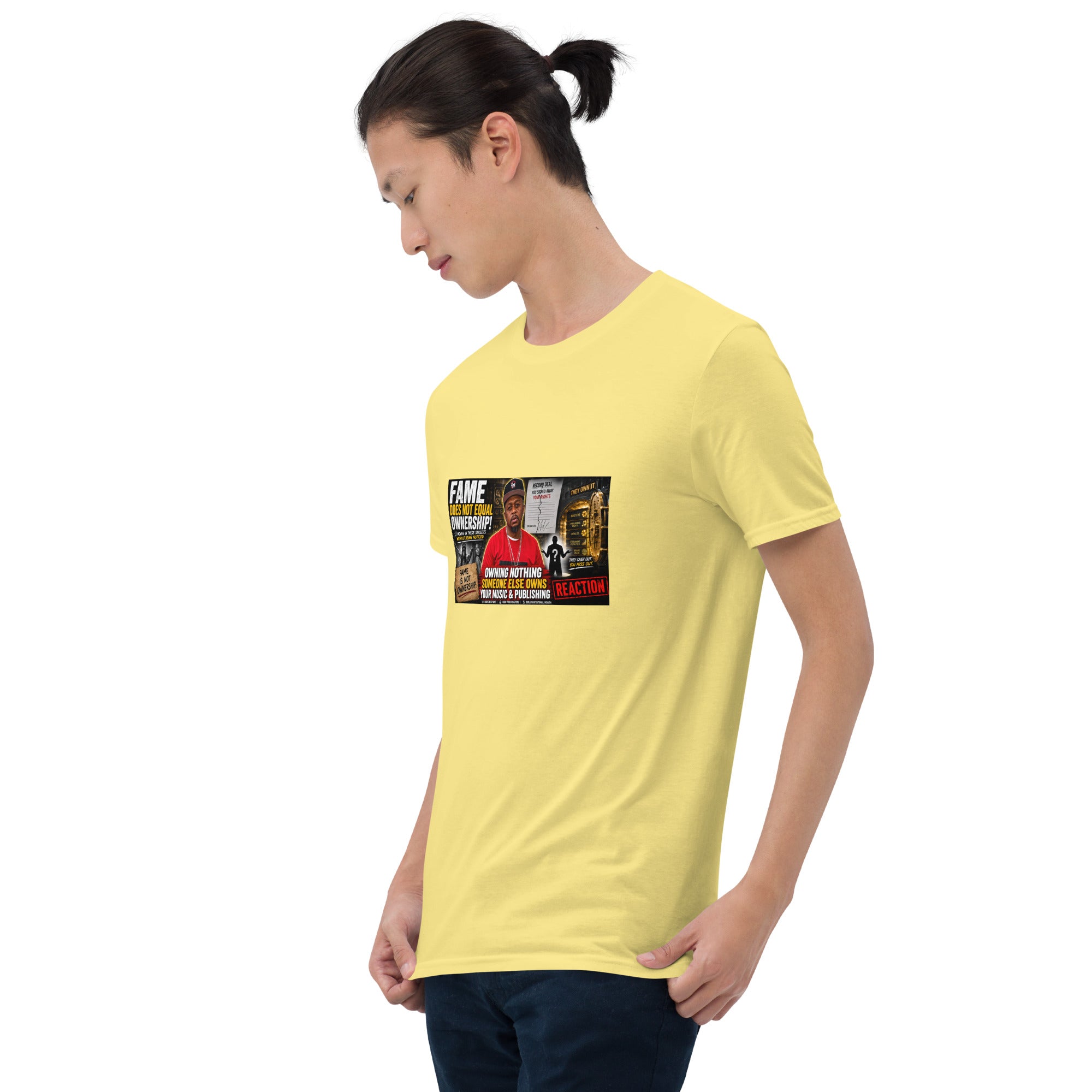 Yellow unisex short-sleeve T-shirt with colorful rectangular chest graphic and crew neck