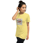 Yellow unisex t-shirt with crew neck and square front graphic print