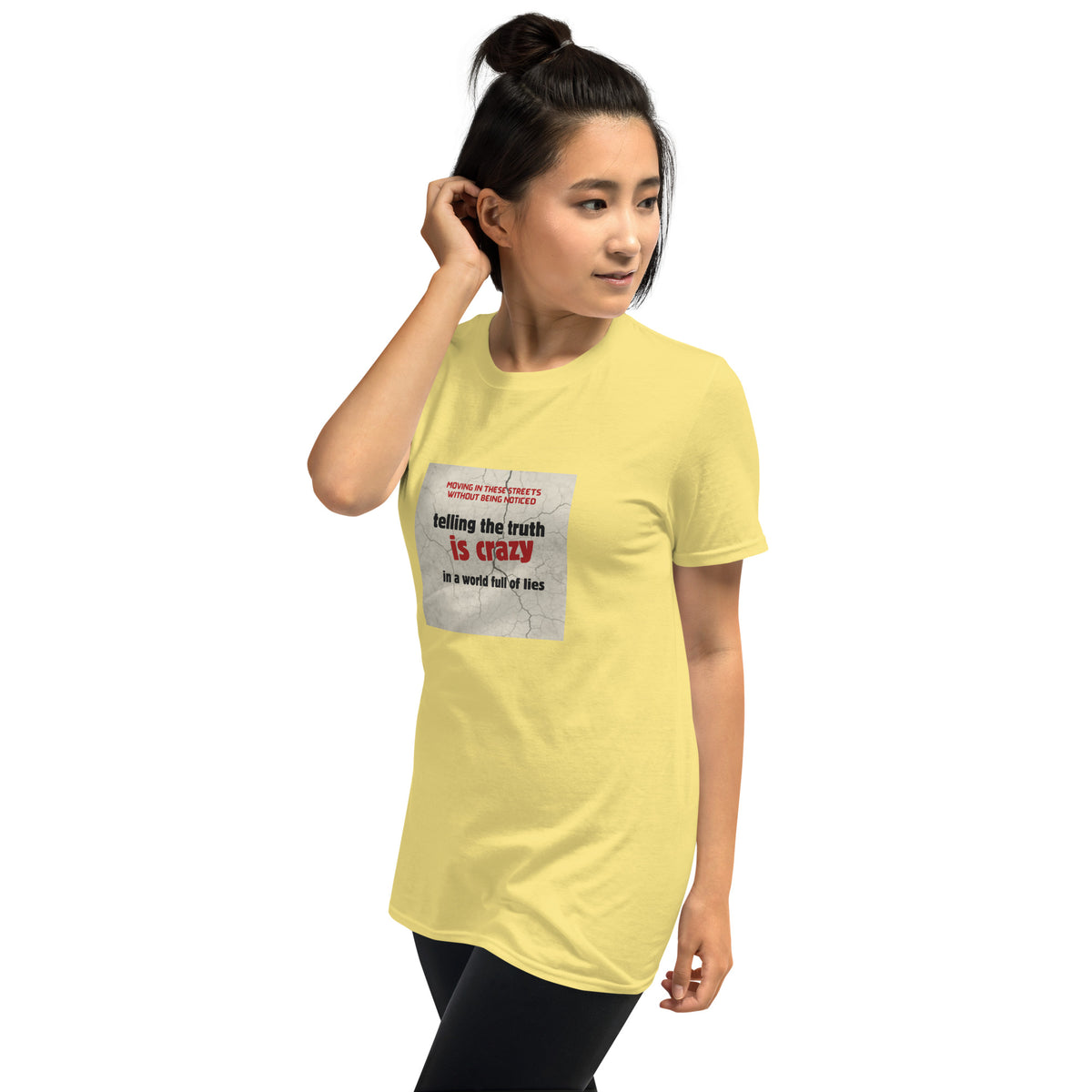 Yellow unisex t-shirt with crew neck and square front graphic print