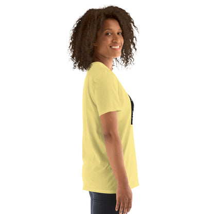 Daisy yellow short-sleeve unisex T-shirt, angled side view showing sleeve and hem