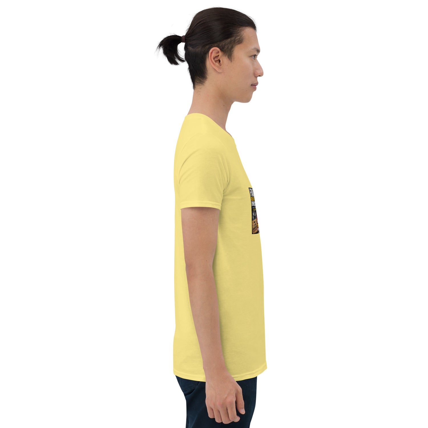 Yellow unisex short-sleeve T-shirt with colorful rectangular graphic on back