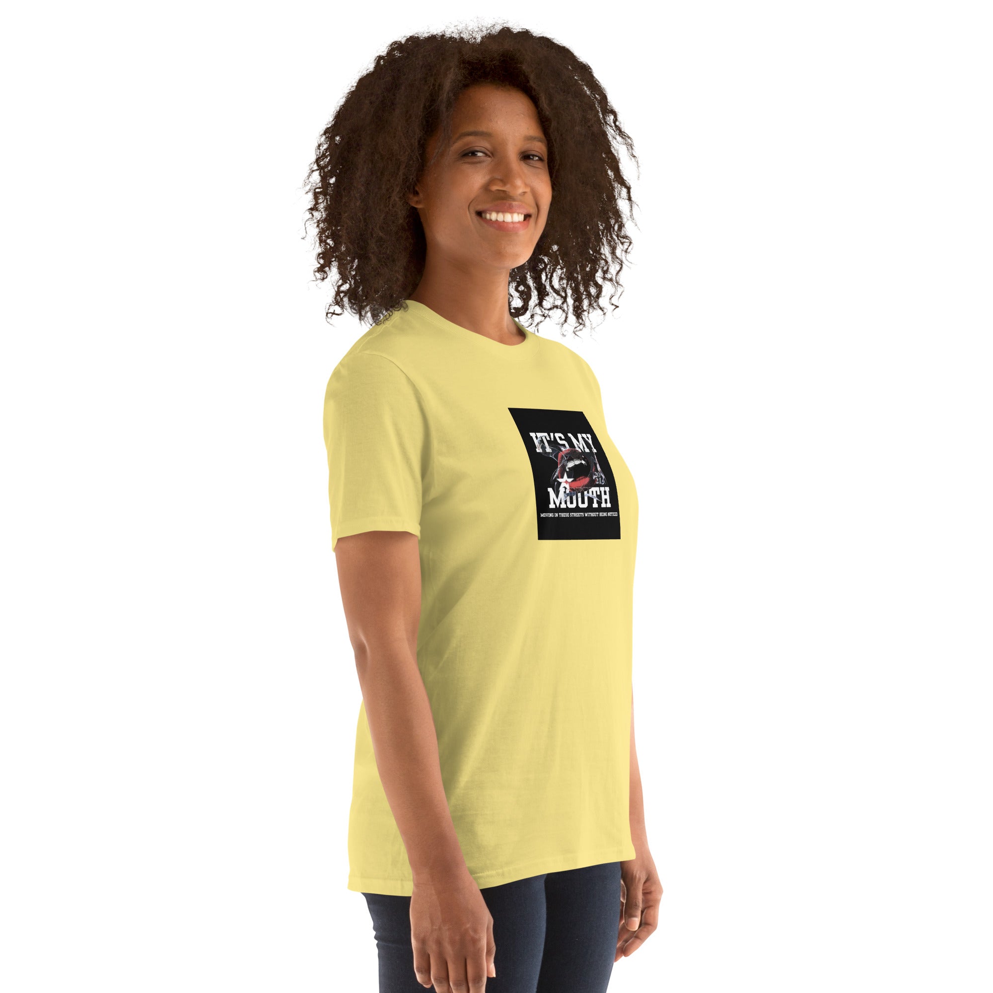 Daisy yellow short-sleeve unisex T-shirt, front view with square mouth graphic