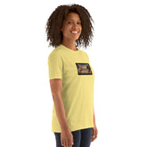 Yellow crew-neck tee with short sleeves and chest graphic patch