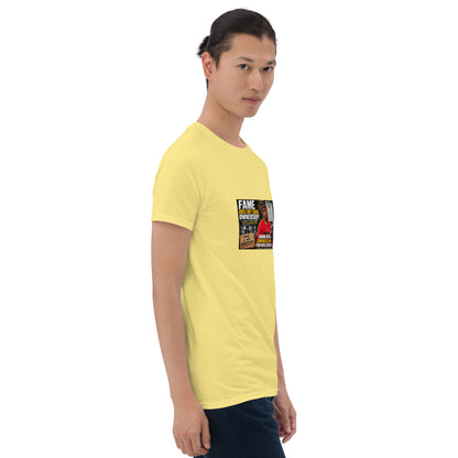 Yellow unisex short-sleeve T-shirt with colorful rectangular graphic print on chest
