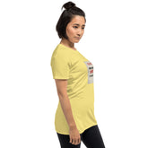 Unisex yellow crew-neck T-shirt with side view and sleeve graphic