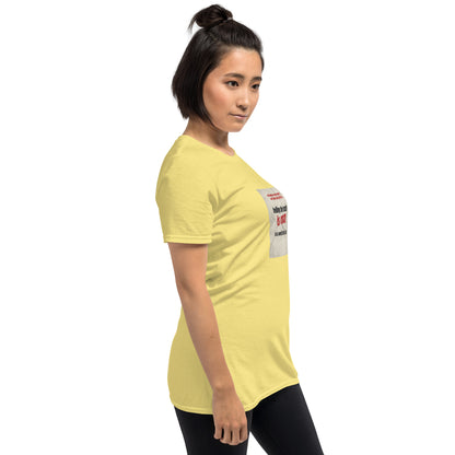 Unisex yellow crew-neck T-shirt with side view and sleeve graphic
