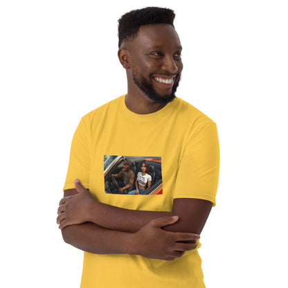 Yellow unisex short-sleeve T-shirt with center chest photo graphic, front view