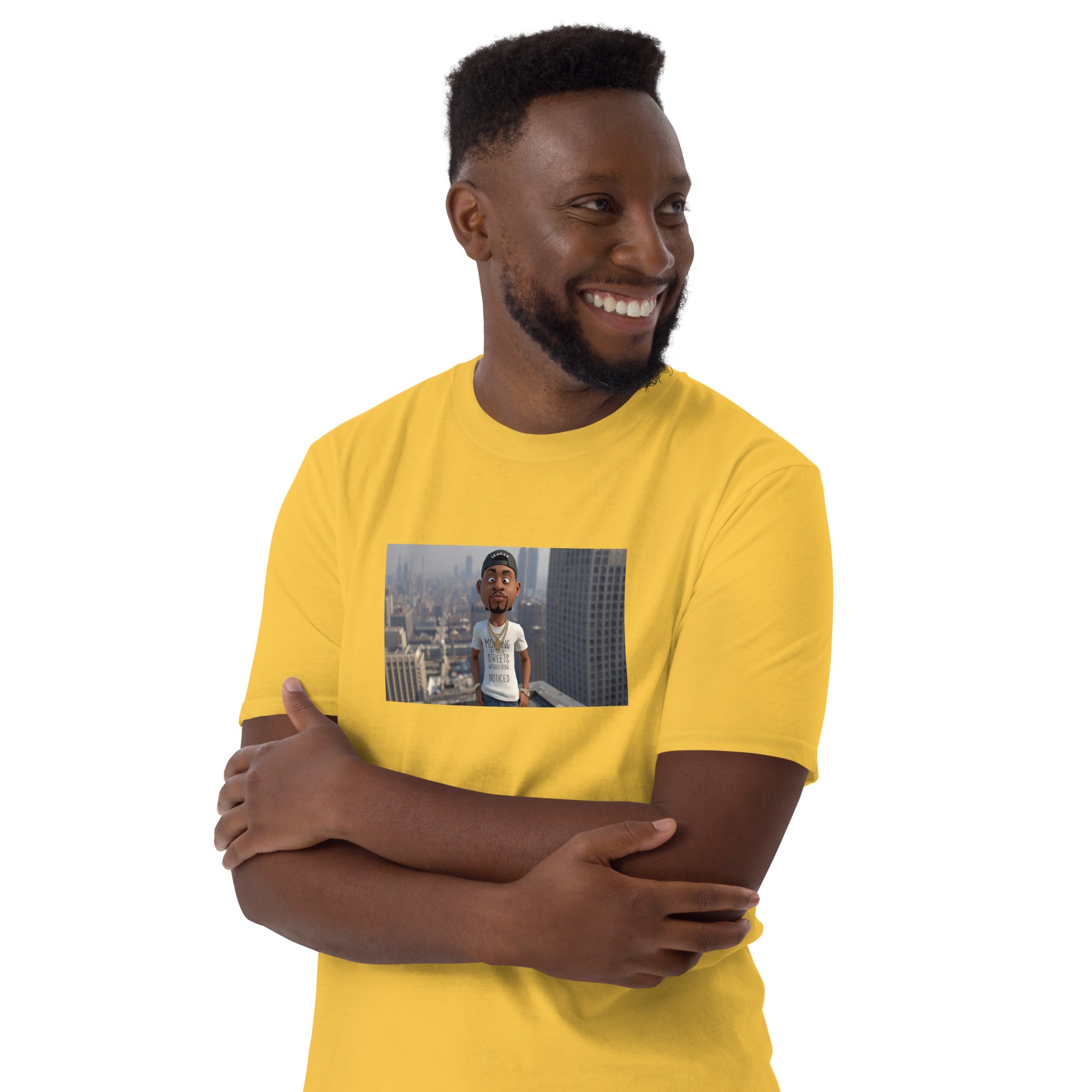 Unisex short-sleeve T-shirt in Yellow with front rectangular graphic print