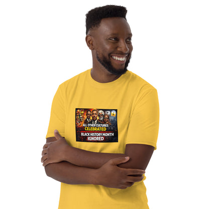 Yellow unisex T-shirt front graphic: “All Other Cultures Celebrated”