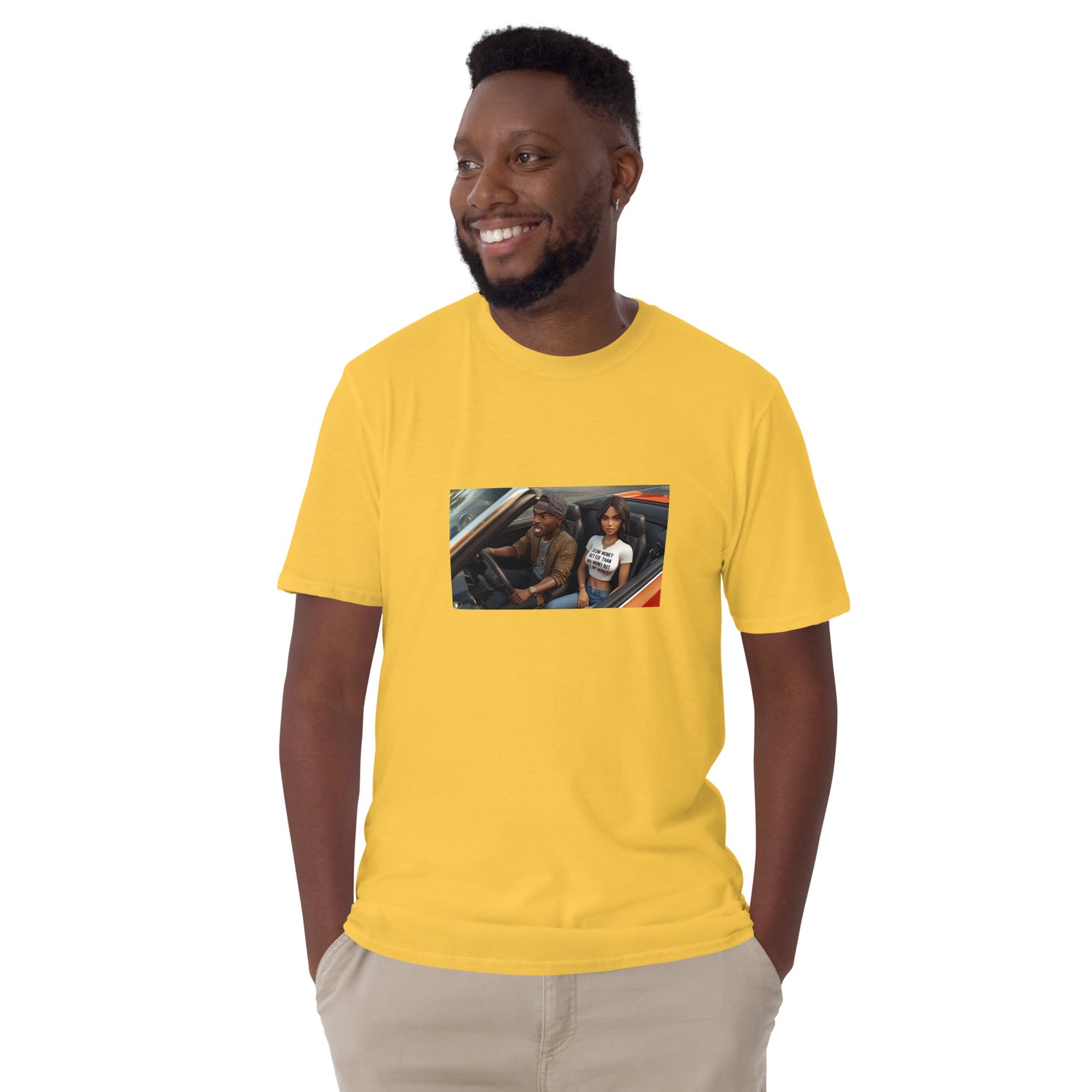 Yellow unisex short-sleeve T-shirt with chest photo graphic and crew neck