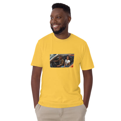 Yellow unisex short-sleeve T-shirt with chest photo graphic and crew neck
