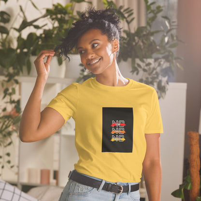 Yellow short-sleeve unisex T-shirt with square logo graphic on the chest