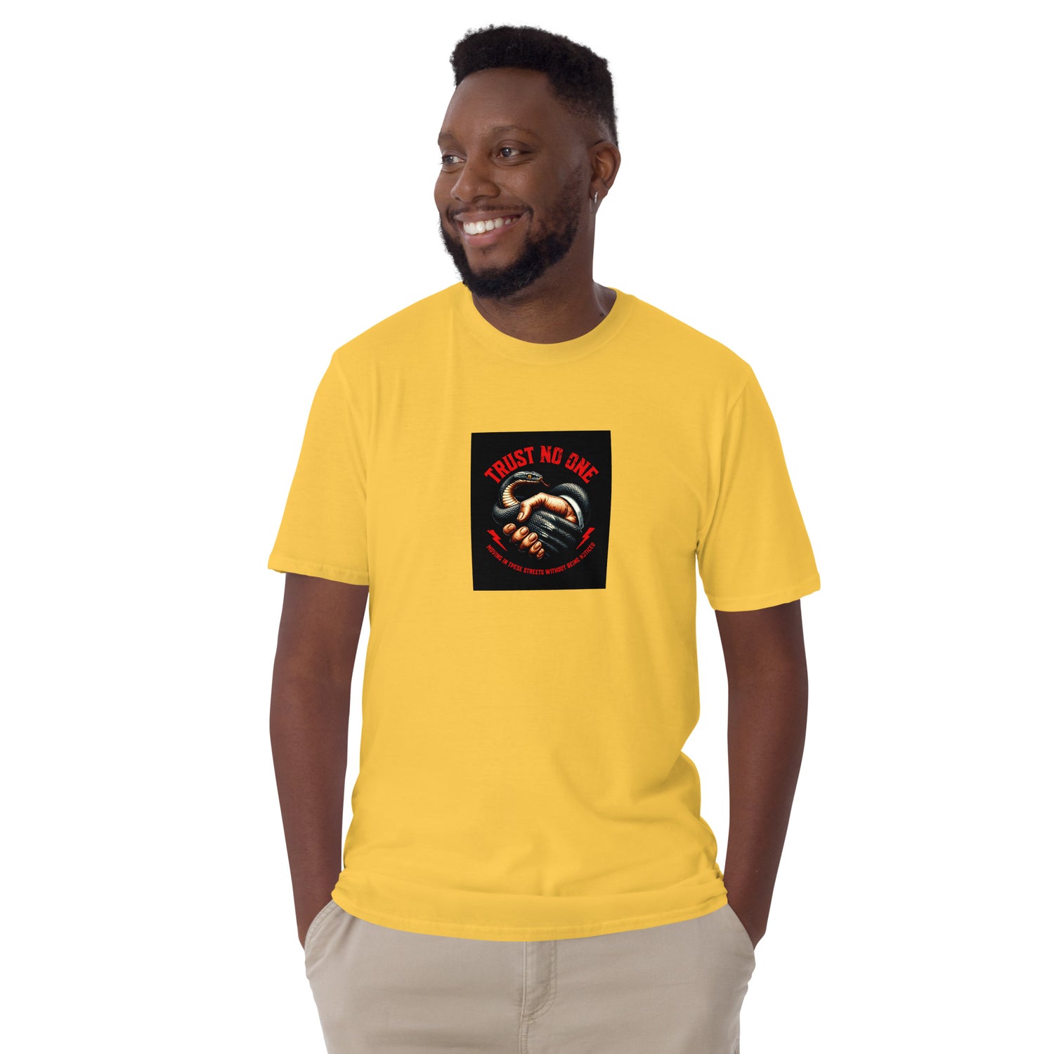 Yellow unisex T-shirt with front square “Trust No One” graphic print