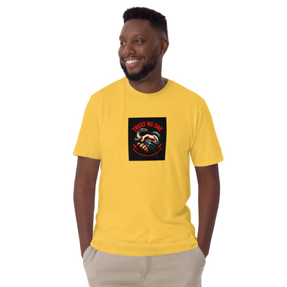 Yellow unisex T-shirt with front square “Trust No One” graphic print