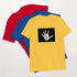 Unisex short-sleeve T-shirt, yellow with black box graphic of white handprint