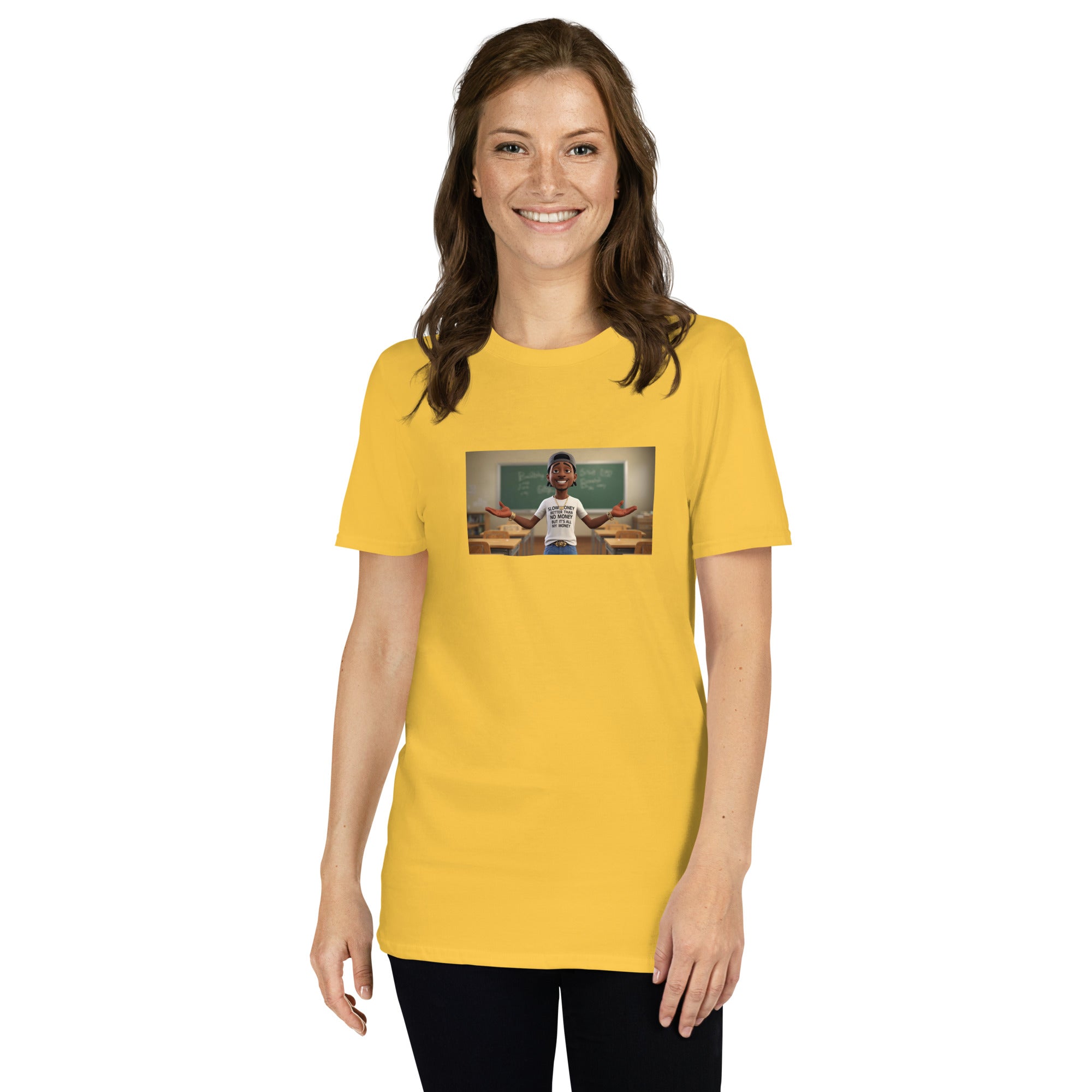 Yellow unisex T-shirt with front photo graphic