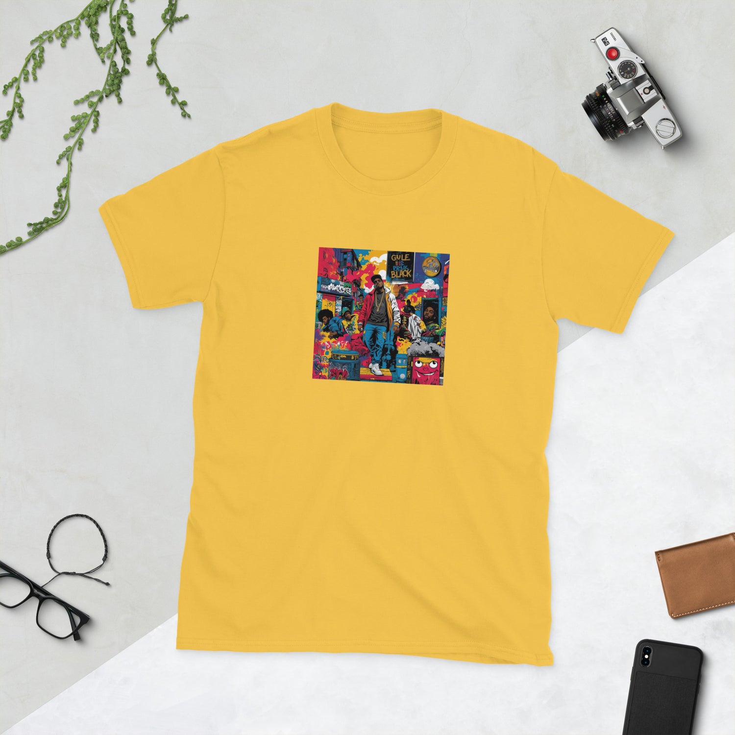 Unisex T-Shirt con maniche corte, giallo senape, stampa frontale a colori