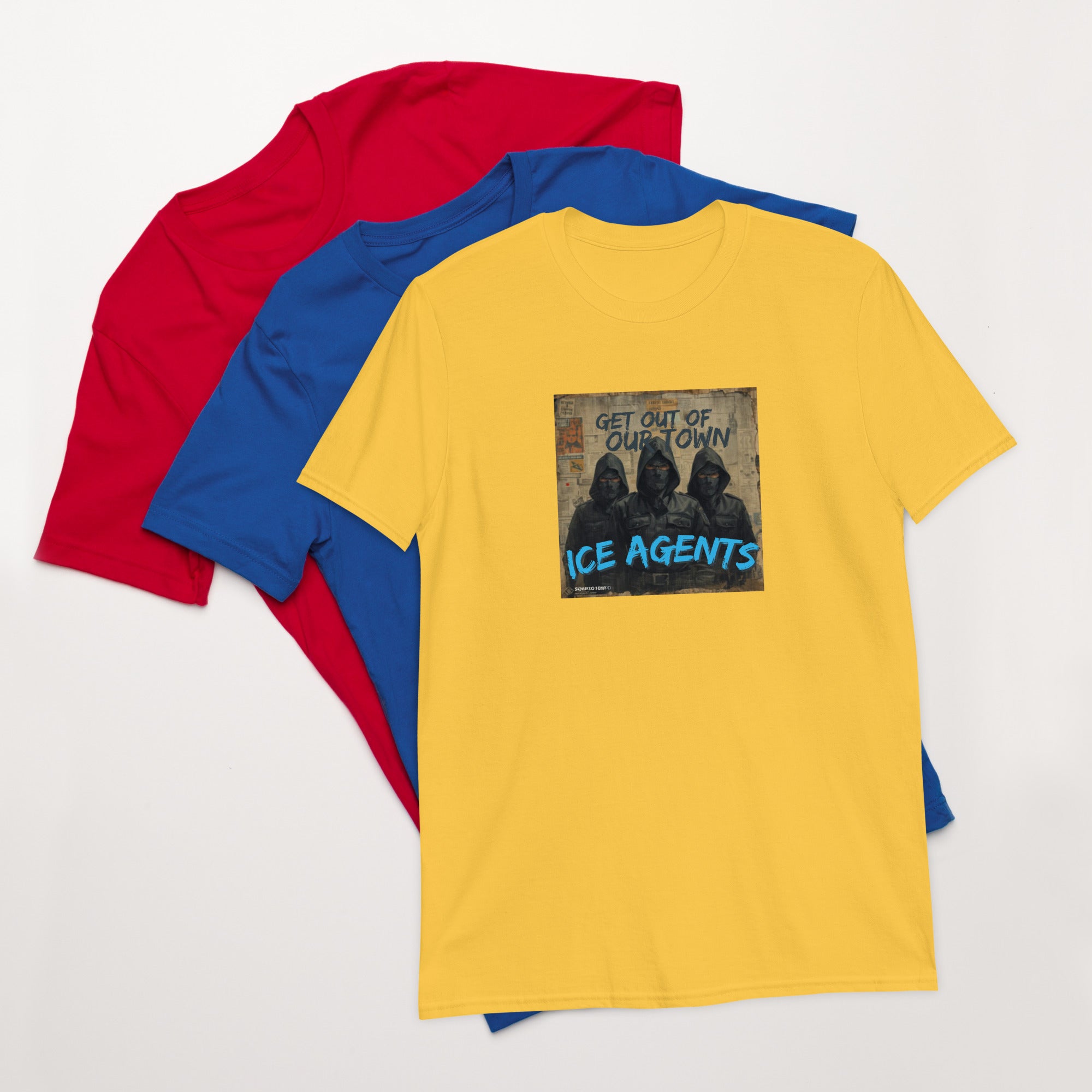 Unisex short-sleeve T-shirt, yellow with front graphic text “ICE AGENTS”.