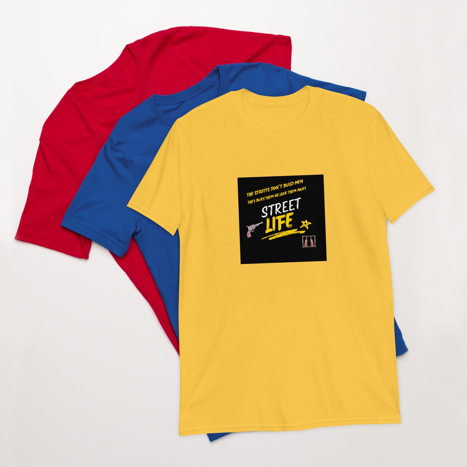Street Life unisex T-shirt pack: yellow, blue, red with “Street Life” chest print