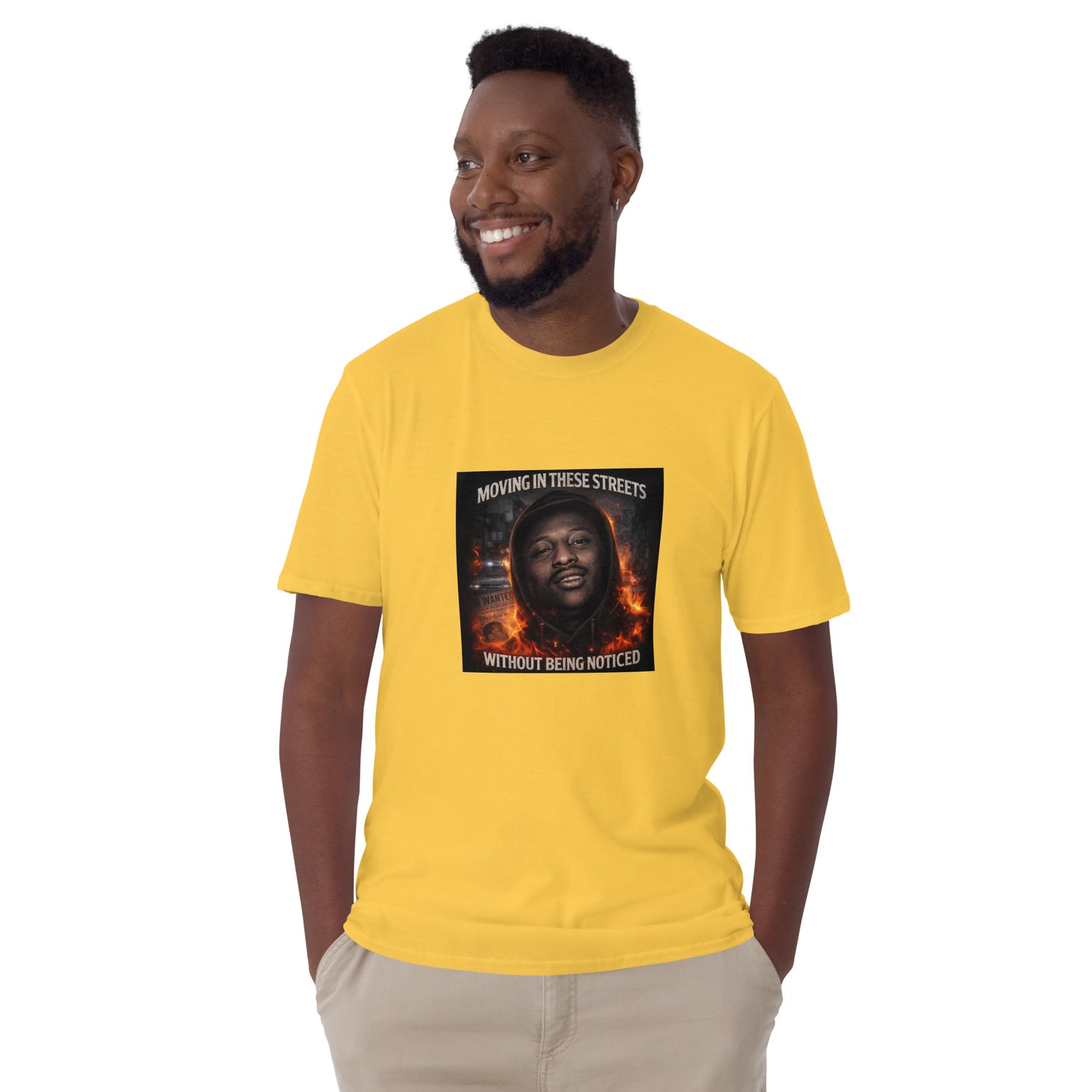 Mustard yellow unisex T-shirt with front photo graphic, crew neck