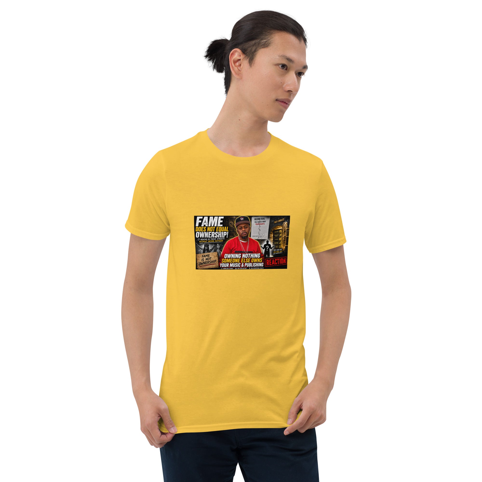 Unisex short-sleeve t-shirt, yellow, front view, rectangular chest graphic