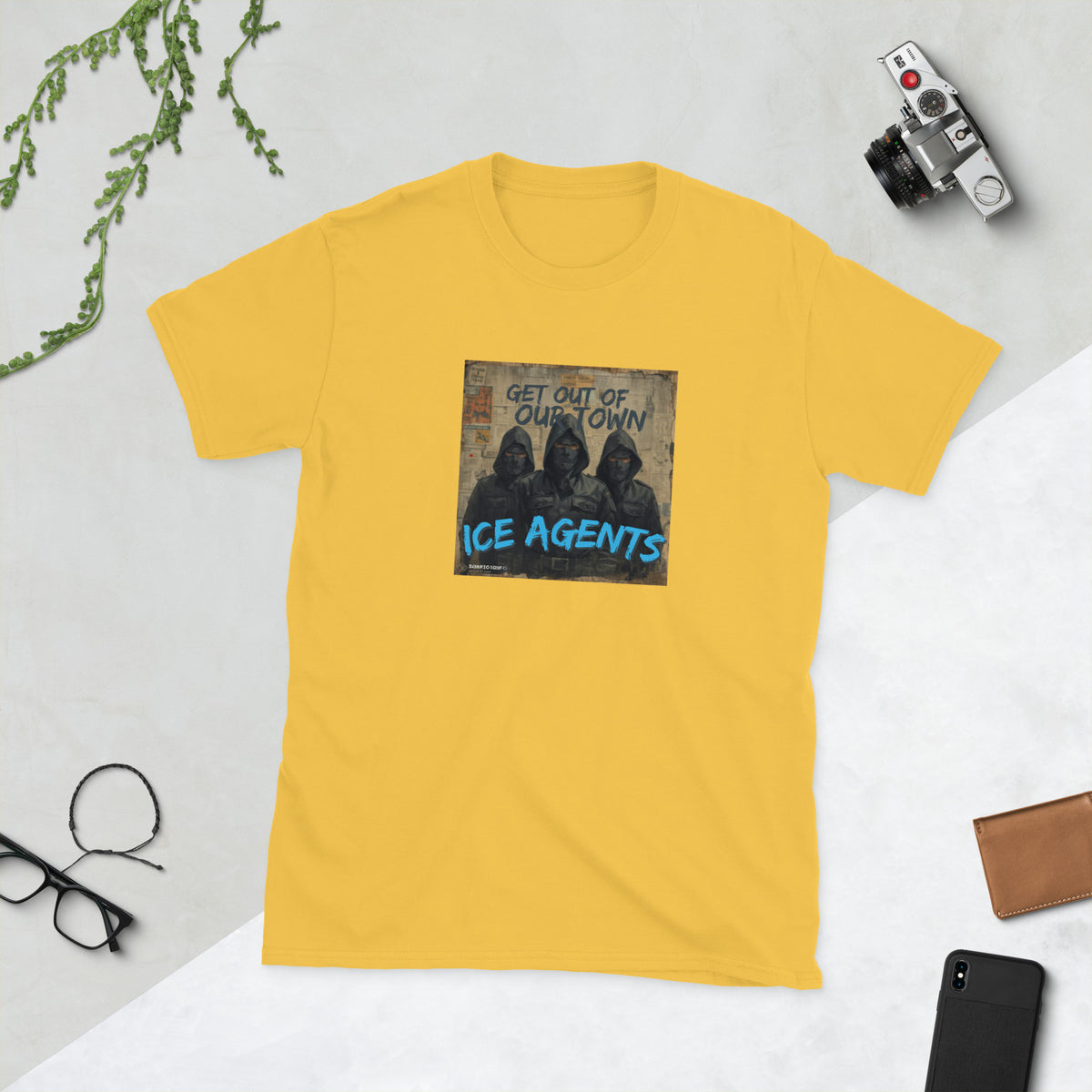 Yellow crew-neck graphic tee with square front print