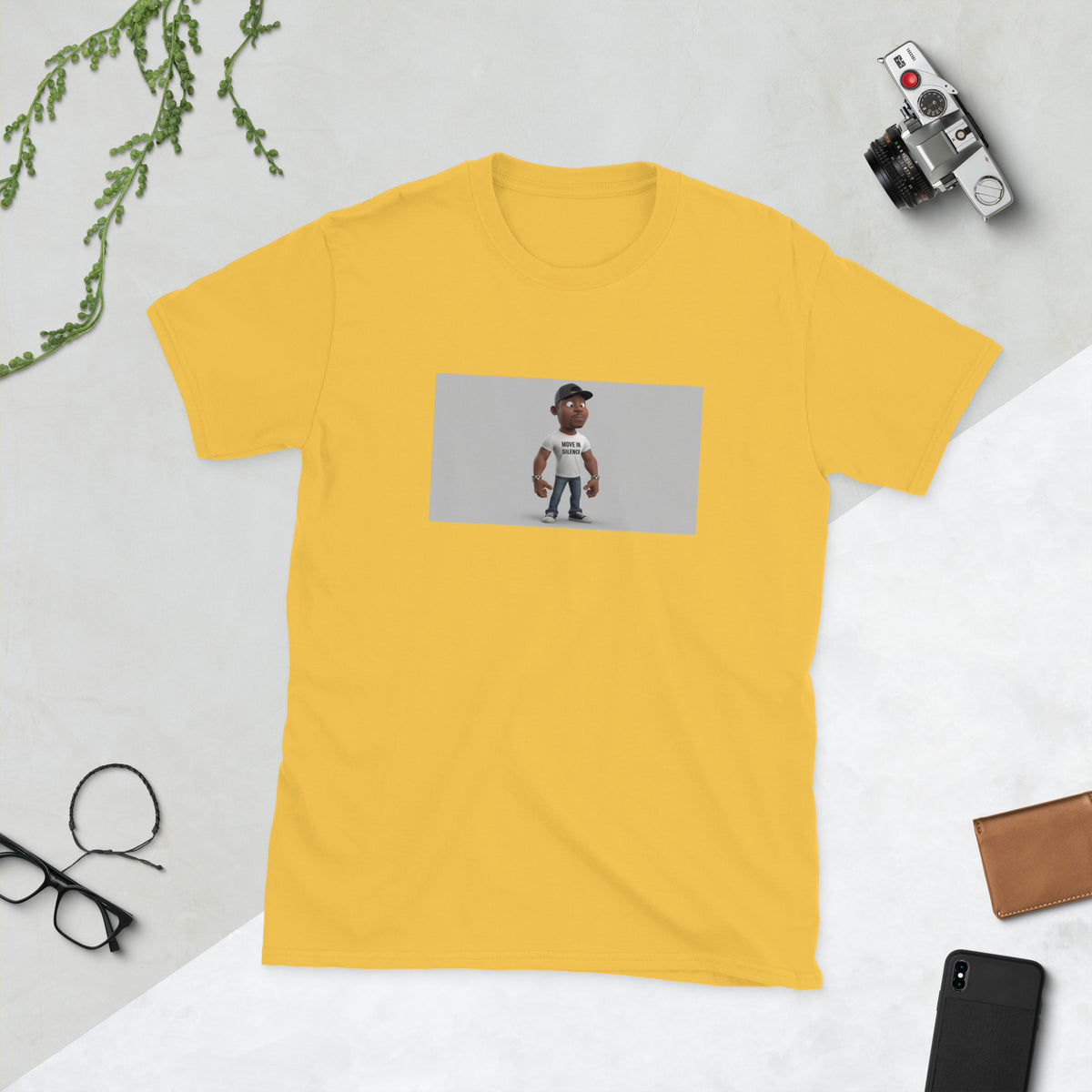 Yellow unisex graphic T-shirt with rectangular portrait print on front