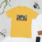 Mustard yellow graphic T-shirt with centered photo print on the front
