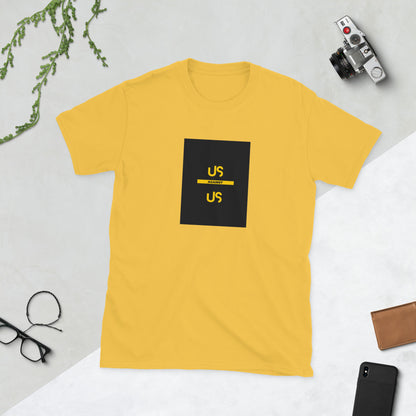 Mustard yellow graphic tee with black square logo and yellow accents, front view
