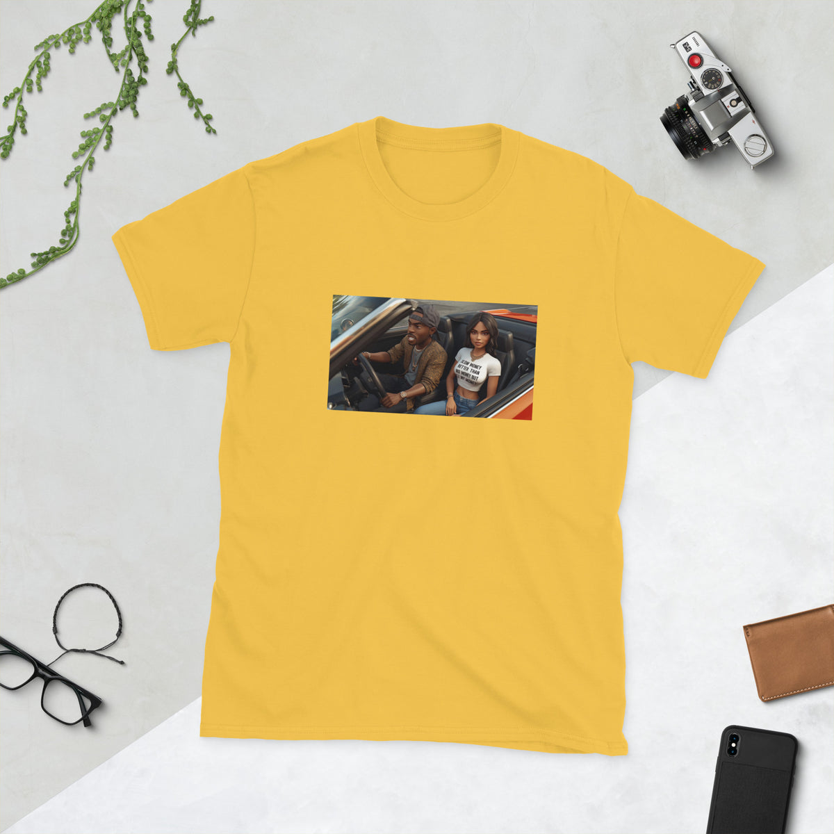 MIS Apparel graphic tee in yellow with rectangular front photo print, crew neck