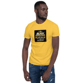 Unisex short-sleeve t-shirt, yellow with black square front graphic print