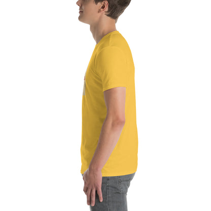 America Is A Scam unisex T-shirt senfgelb, Seitenansicht mit Ärmel