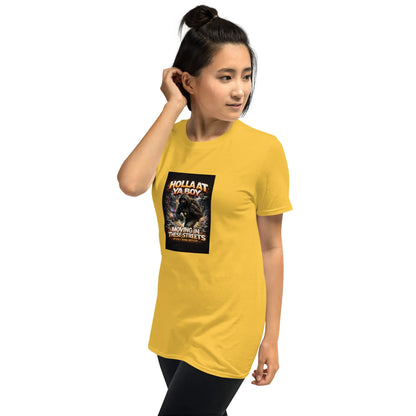 Unisex T-Shirt in Gelb, schräges Frontmotiv mit quadratischem Grafikprint
