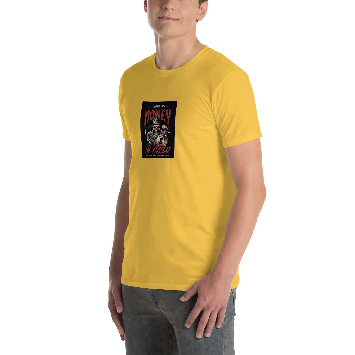 Unisex short-sleeve T-shirt, yellow—front view with Money in Cash print