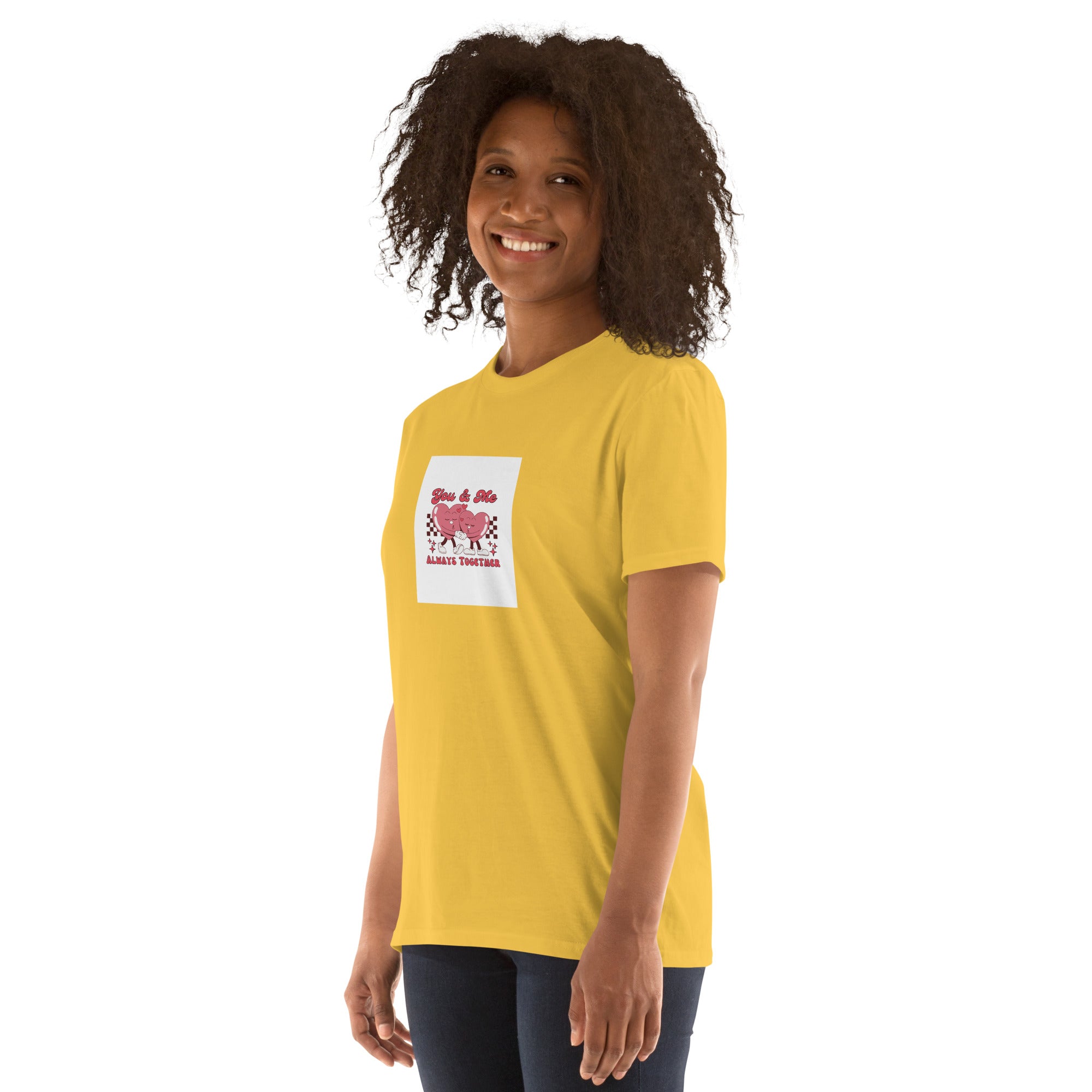 Daisy unisex short-sleeve T-shirt with square heart slogan graphic.