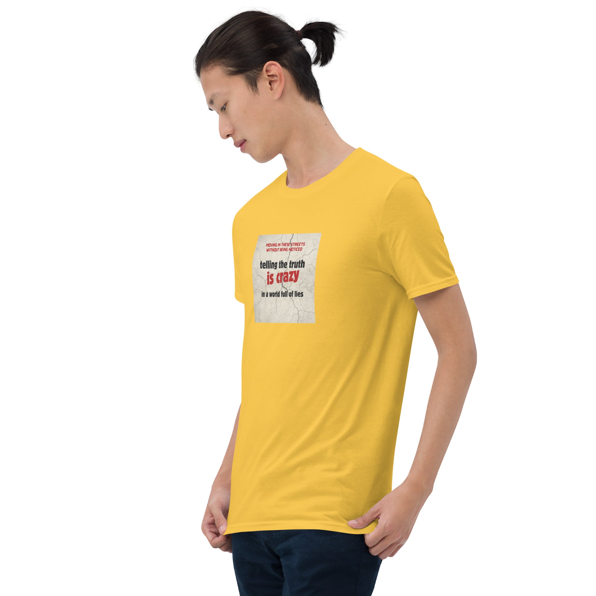 Daisy yellow T-shirt front view angled down, showing chest graphic print