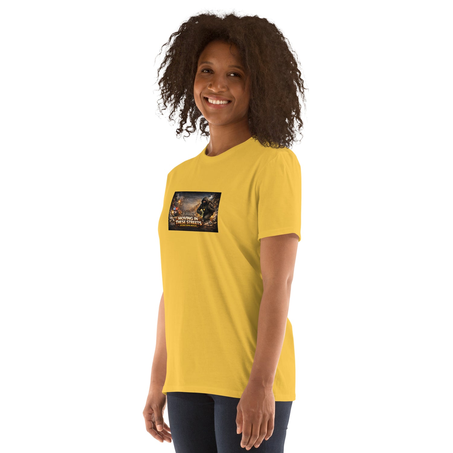 Daisy yellow T-shirt with front graphic print; crew neck and short sleeves.