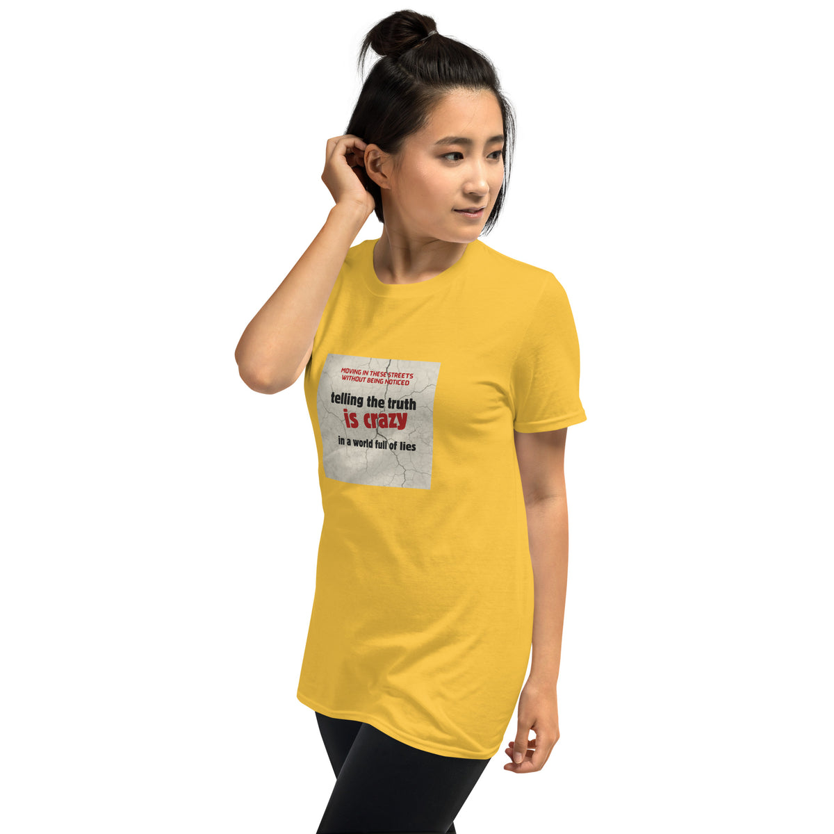 Yellow unisex t-shirt with crew neck and square front graphic print
