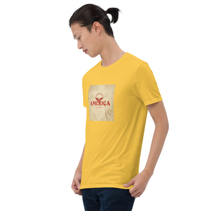 Unisex graphic tee in yellow, chest graphic square print, short sleeves