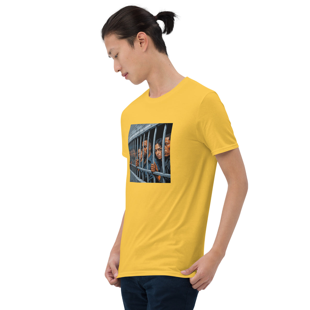 Yellow graphic T-shirt with square photo-style print, crew neck, short sleeves, angled view