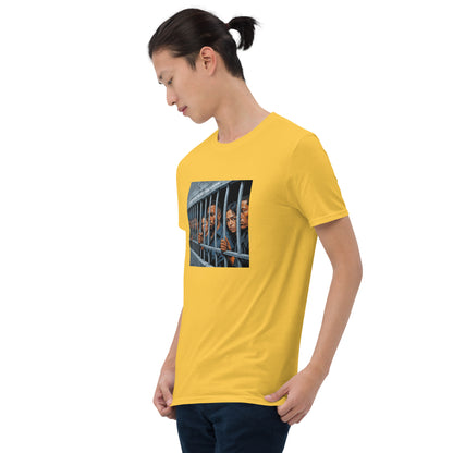 Yellow graphic T-shirt with square photo-style print, crew neck, short sleeves, angled view