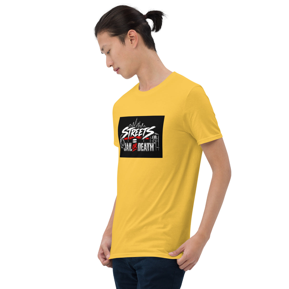 Unisex yellow crewneck short-sleeve T-shirt with Streets Jail or Death graphic on chest