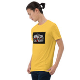 Unisex yellow crewneck short-sleeve T-shirt with Streets Jail or Death graphic on chest