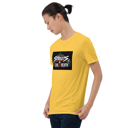 Unisex yellow crewneck short-sleeve T-shirt with Streets Jail or Death graphic on chest