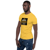Unisex short-sleeve t-shirt in yellow with black square chest graphic, side view