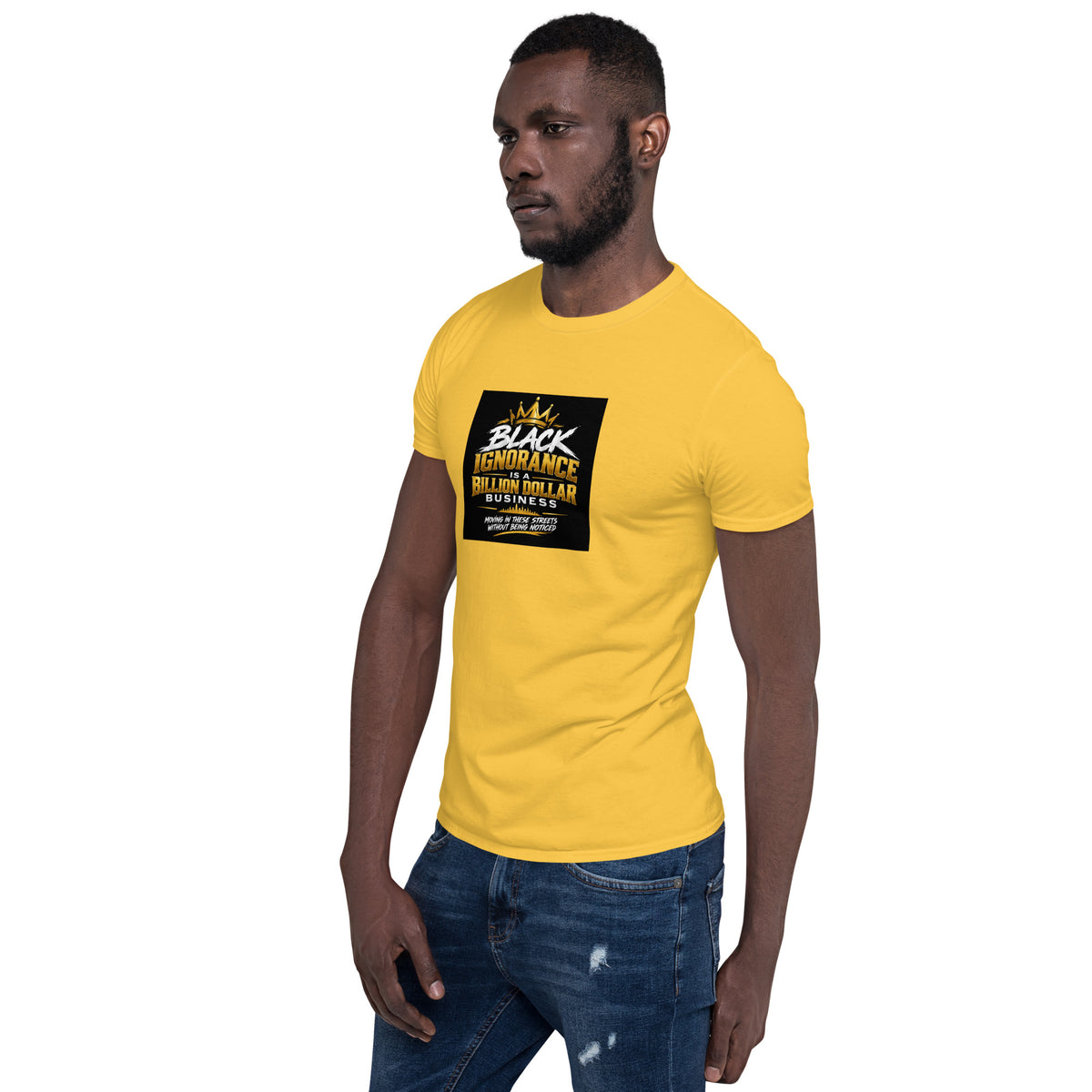 Unisex short-sleeve t-shirt in yellow with black square chest graphic, side view
